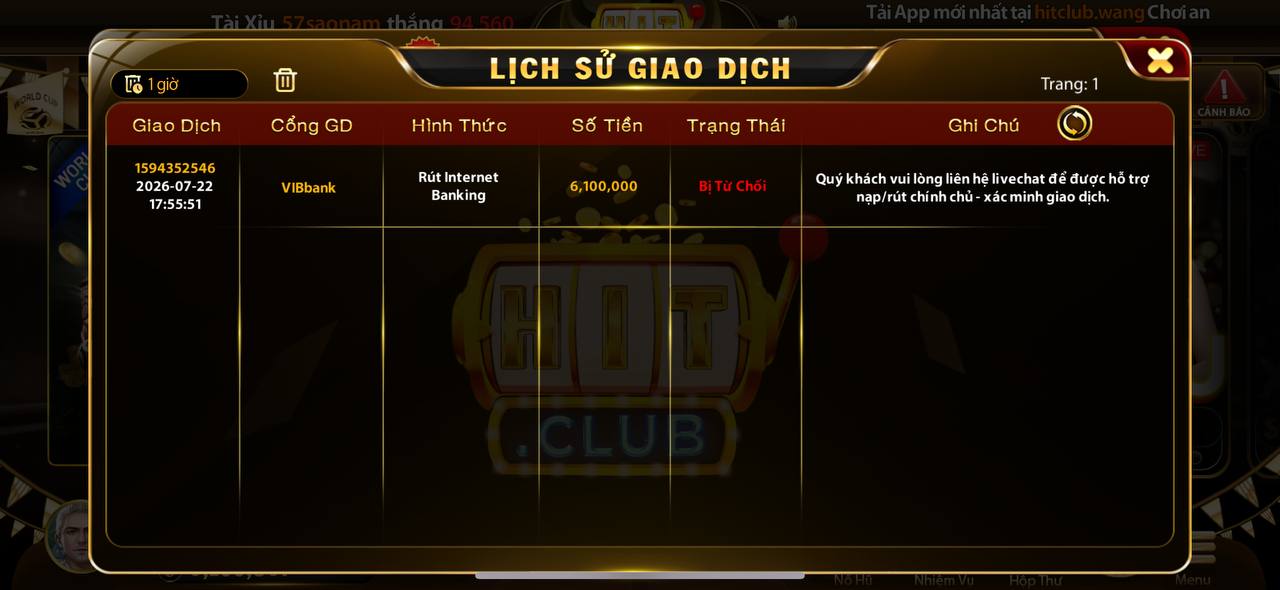 Hỗ trợ HITCLUB – Tại sao khi tạo lệnh rút lại bị từ chối?